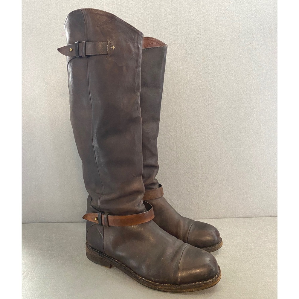 Rag & Bone Womens 8.5 Brown Leather Tall Abbey Riding Boots Distressed Cap Toe